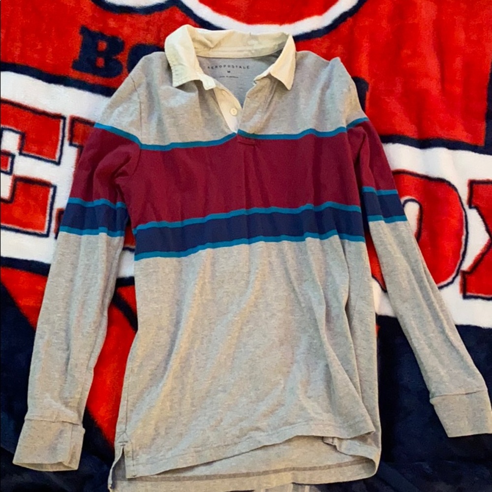 Aeropostale White Collard Striped Gray Shirt